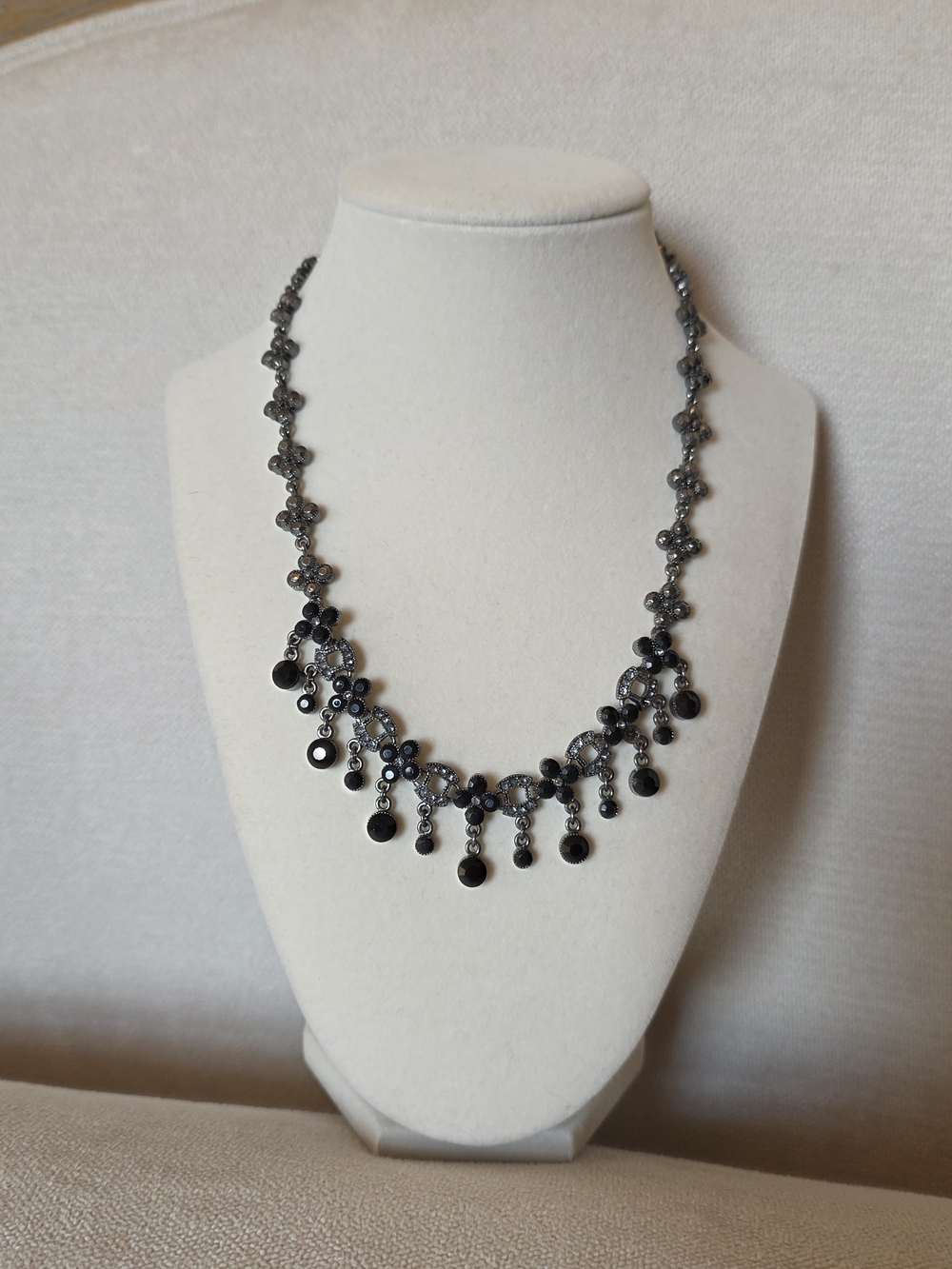 Black Crystal Fringe Necklace Gunmetal Tone Statement Bib
